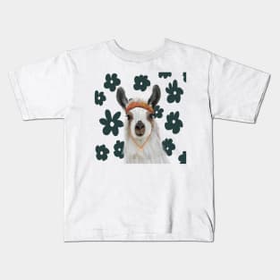 Boho Llama on Retro Flowers Kids T-Shirt